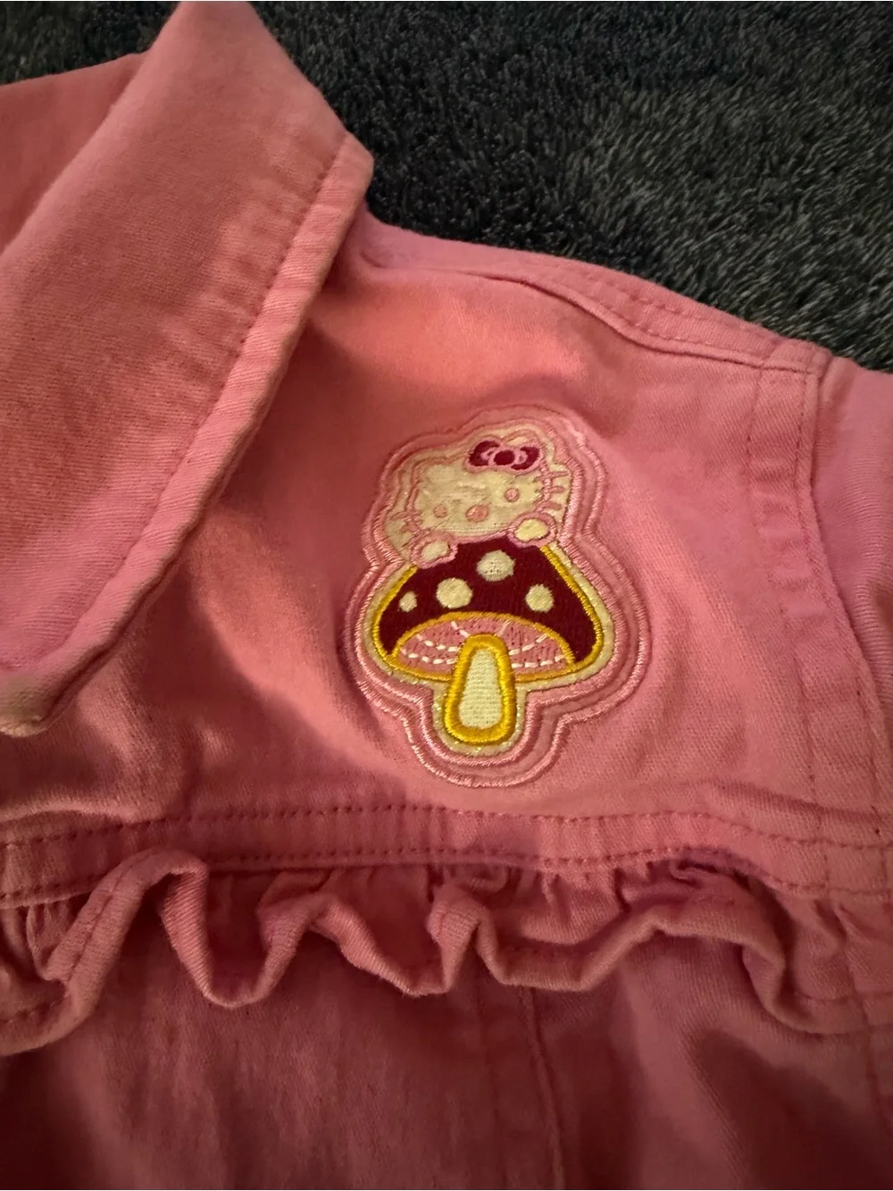 Hello Kitty Pink Denim Jean Jacket with Floral Bow and Mushroom Patch Girls Size